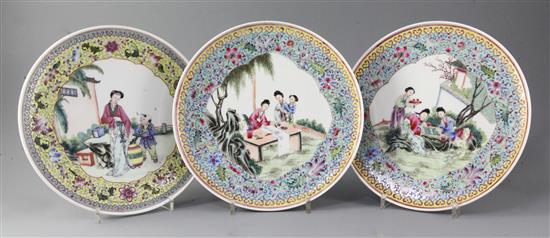 Three similar Chinese famille rose plates, mid 20th century, diameter 24.3cm
